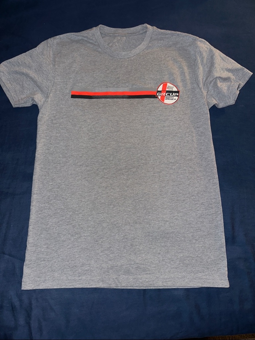 Men's Gray Short-Sleeve Graphic Tee with Red Stripe
